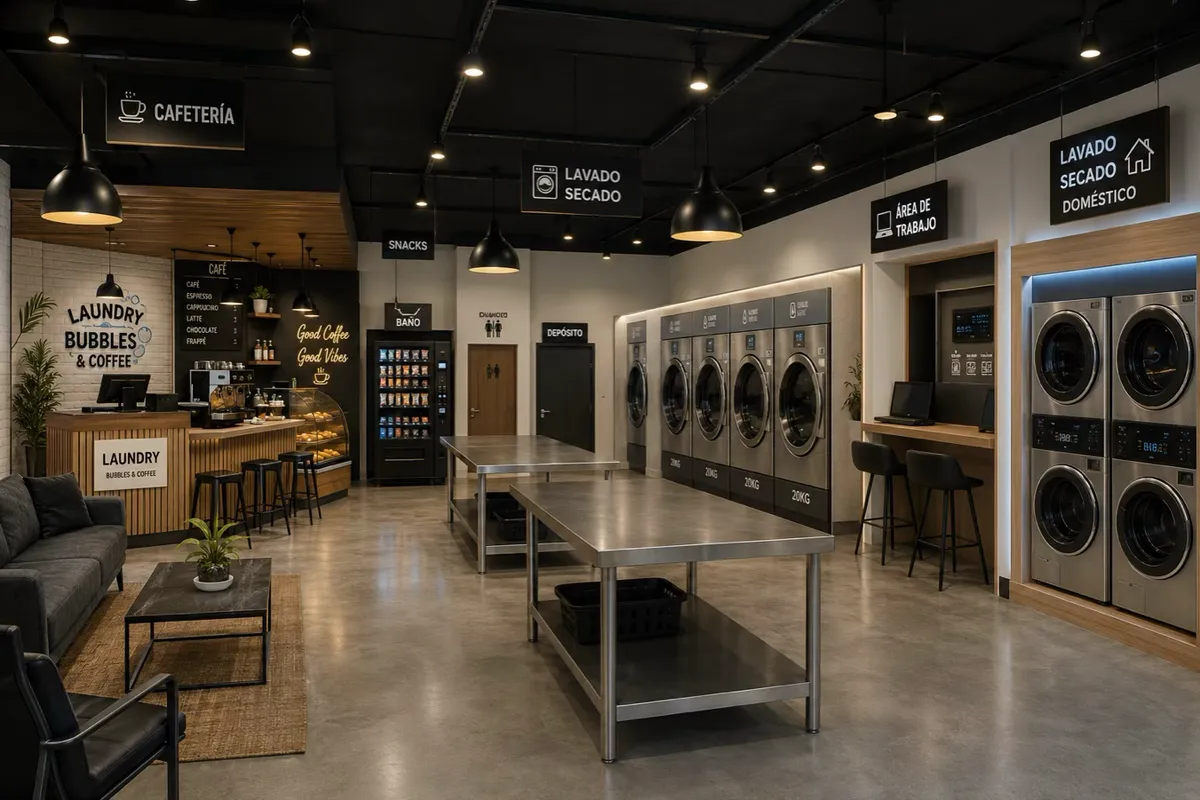Interior con lavandería, cafetería y área de trabajo