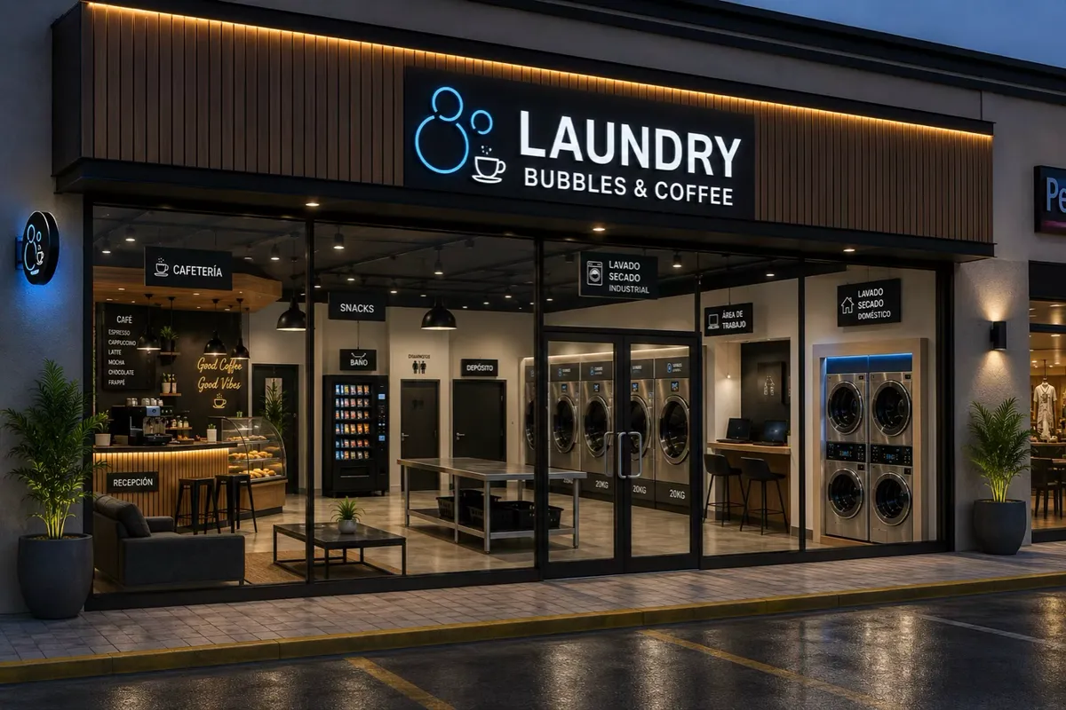 Fachada iluminada de Laundromat Bubbles & Coffee