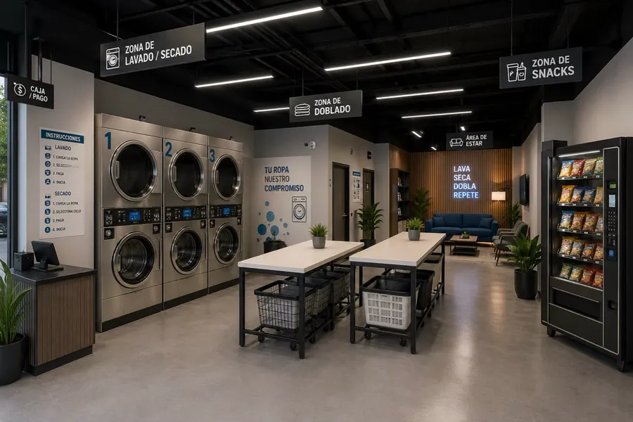 Área de lavado, doblado, snacks y espera de Laundromat